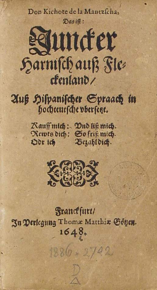 Miguel de Cervantes: Don Kichote de la Mantzscha (German language, 1648)